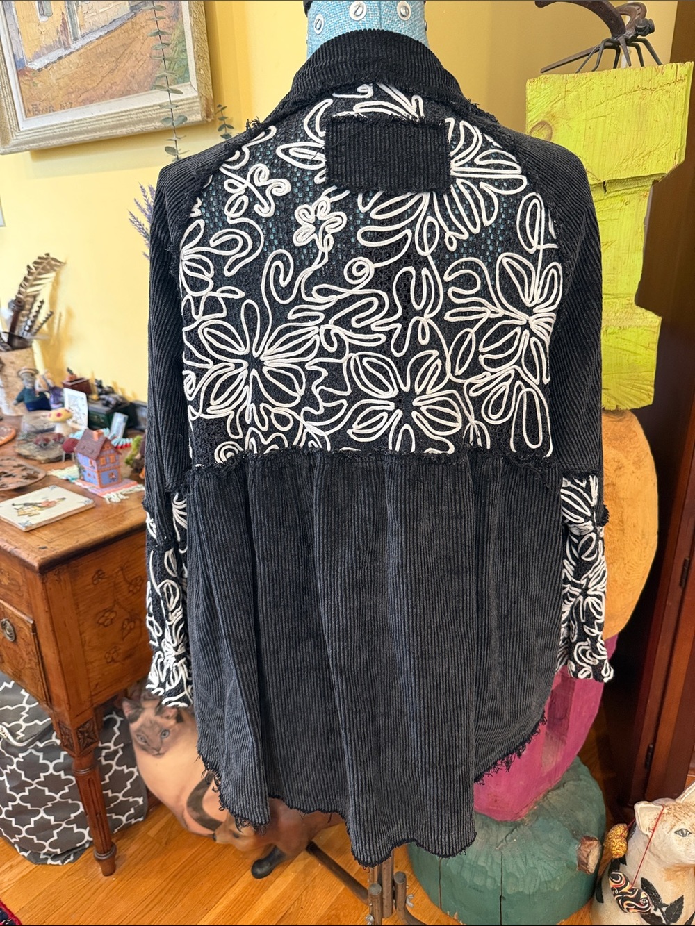 POL Black Corduroy Bomber Jacket with White Floral Stitching